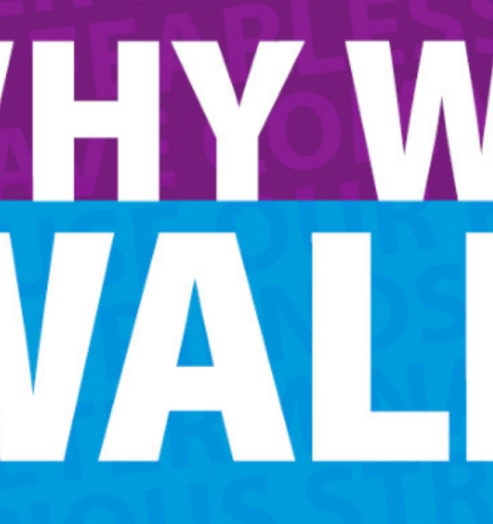 Purple on top and blue on bottom with white lettering reading "Why I Walk"